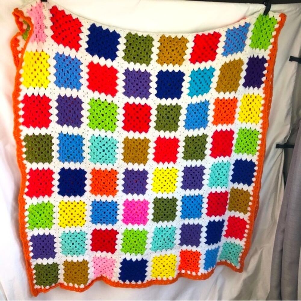 Vintage Colorful Granny Square Flower Knit Quilt